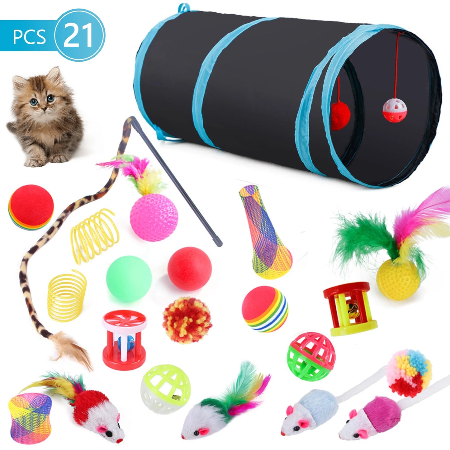 21-Piece Cat Toy Set – Tunnel, Teaser Wand, Balls & Mice for Indoor Play