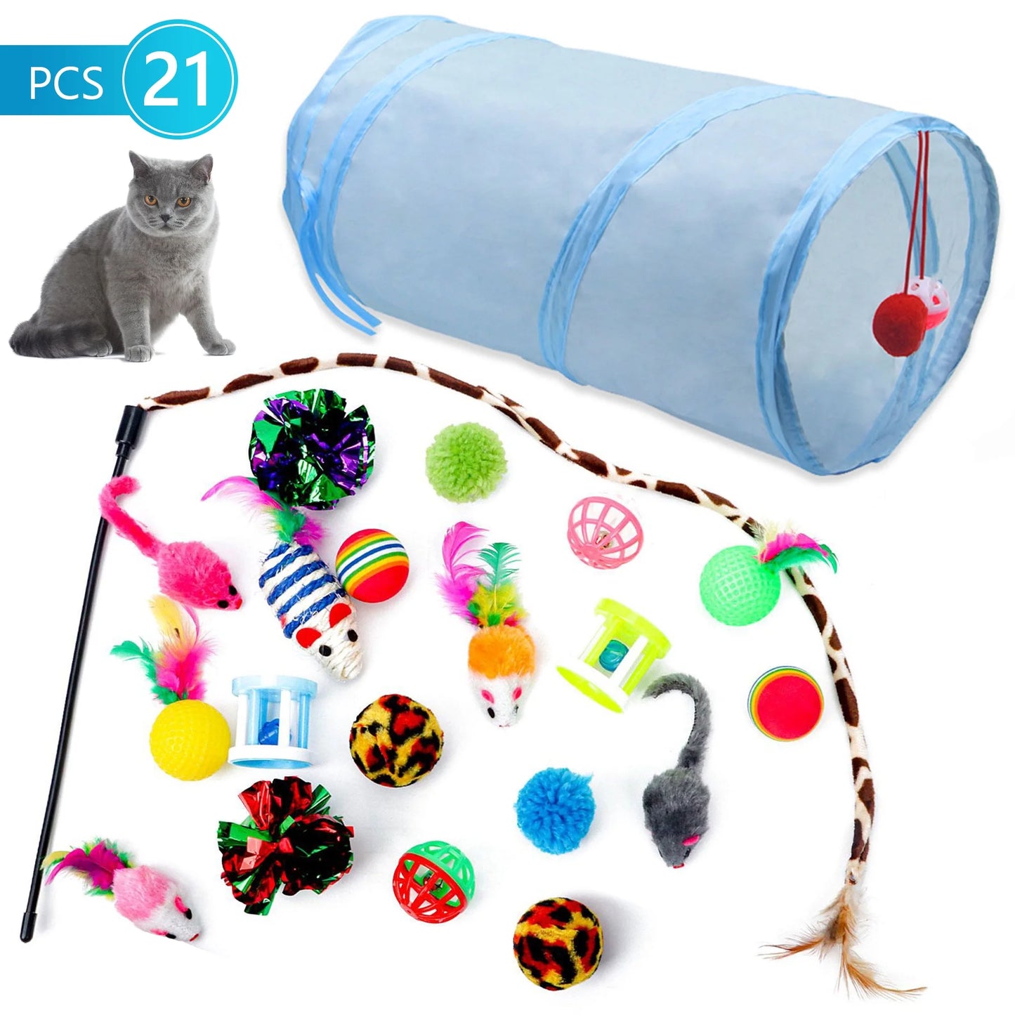 21-Piece Cat Toy Set – Tunnel, Teaser Wand, Balls & Mice for Indoor Play