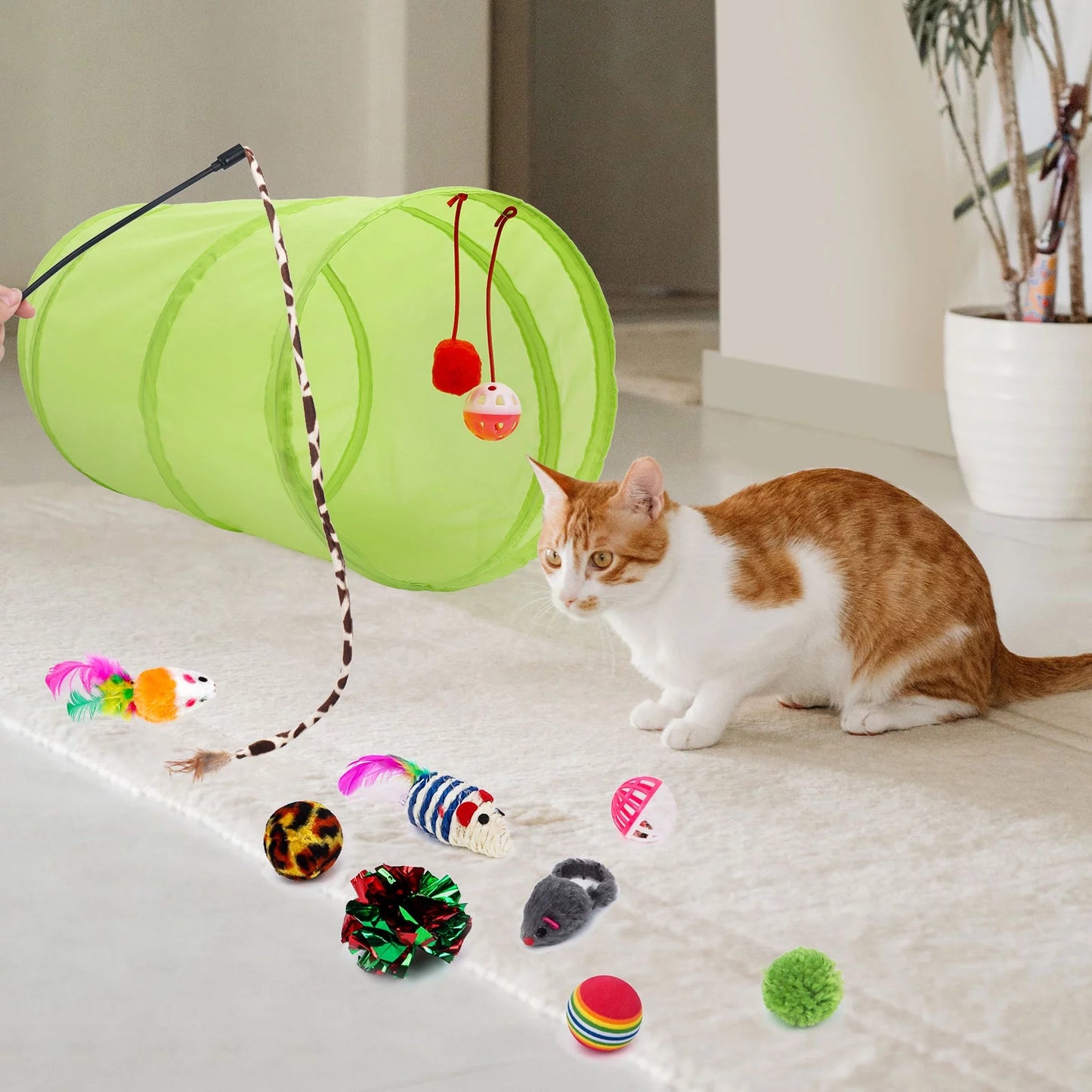 21-Piece Cat Toy Set – Tunnel, Teaser Wand, Balls & Mice for Indoor Play
