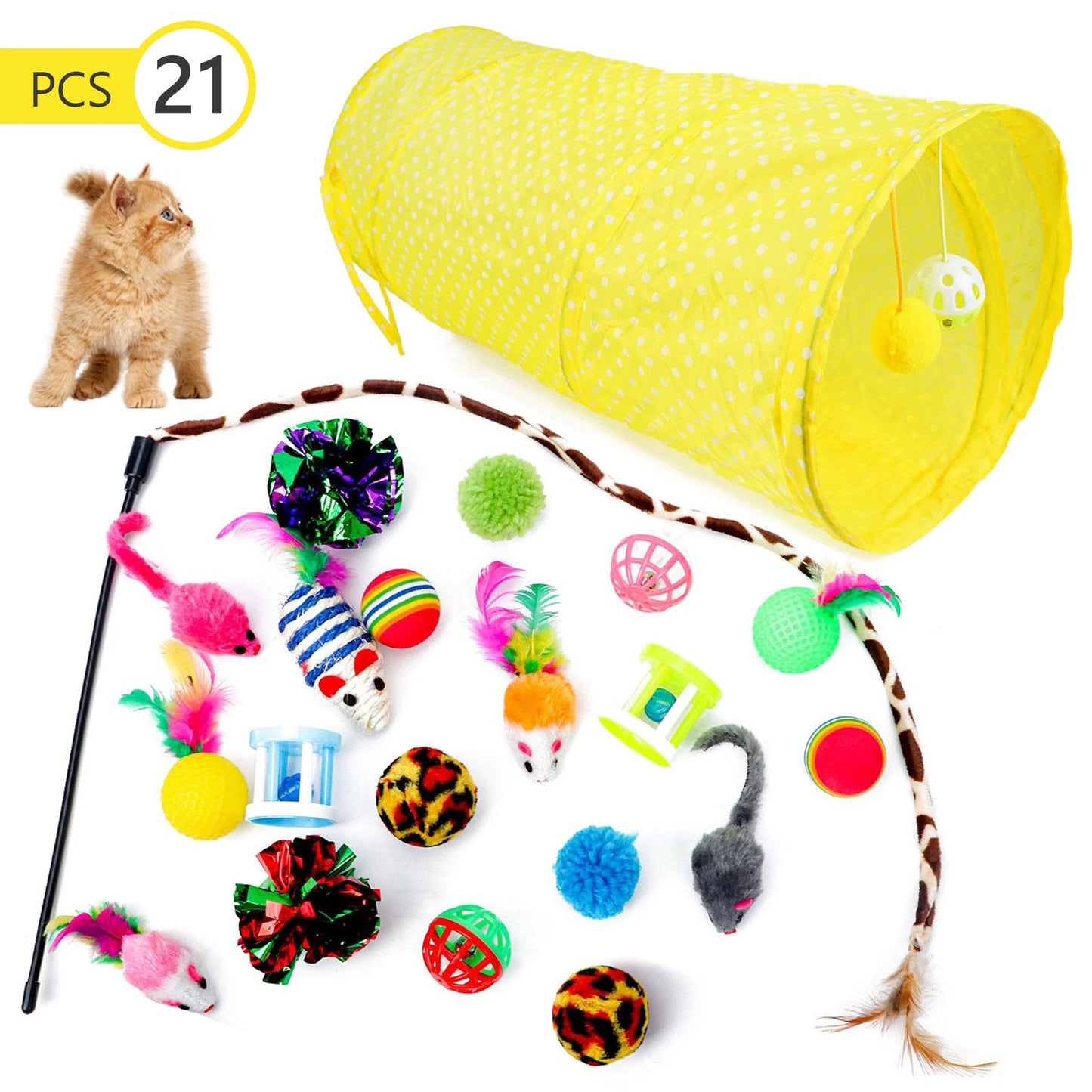 21-Piece Cat Toy Set – Tunnel, Teaser Wand, Balls & Mice for Indoor Play