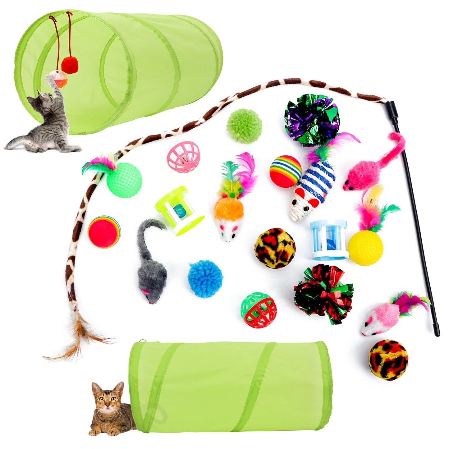 21-Piece Cat Toy Set – Tunnel, Teaser Wand, Balls & Mice for Indoor Play