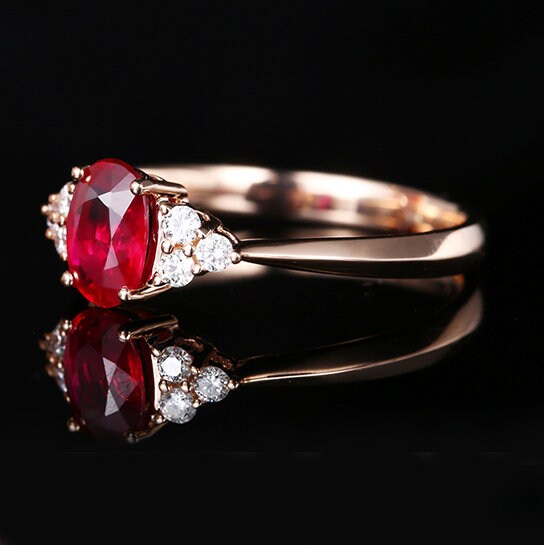 Lab Grown Ruby, Moissanite Classic Engagement Ring 14K Gold Oval Ruby Wedding Gifted Ring Women Dainty Ruby Anniversary Ring 14K Rose Gold.
