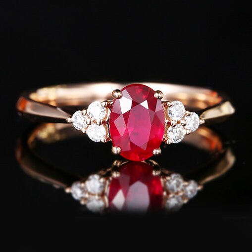 Lab Grown Ruby, Moissanite Classic Engagement Ring 14K Gold Oval Ruby Wedding Gifted Ring Women Dainty Ruby Anniversary Ring 14K Rose Gold.
