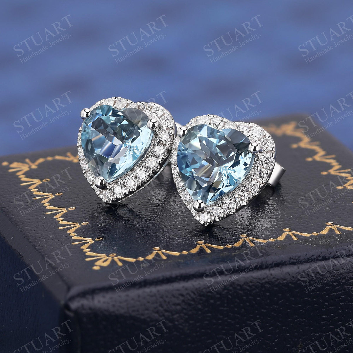 Heart Shaped Natural Aquamarine 18K White Gold Handmade Stud Earrings, Platinum Earrings For Women, March Birthstone, Anniversary Gifts