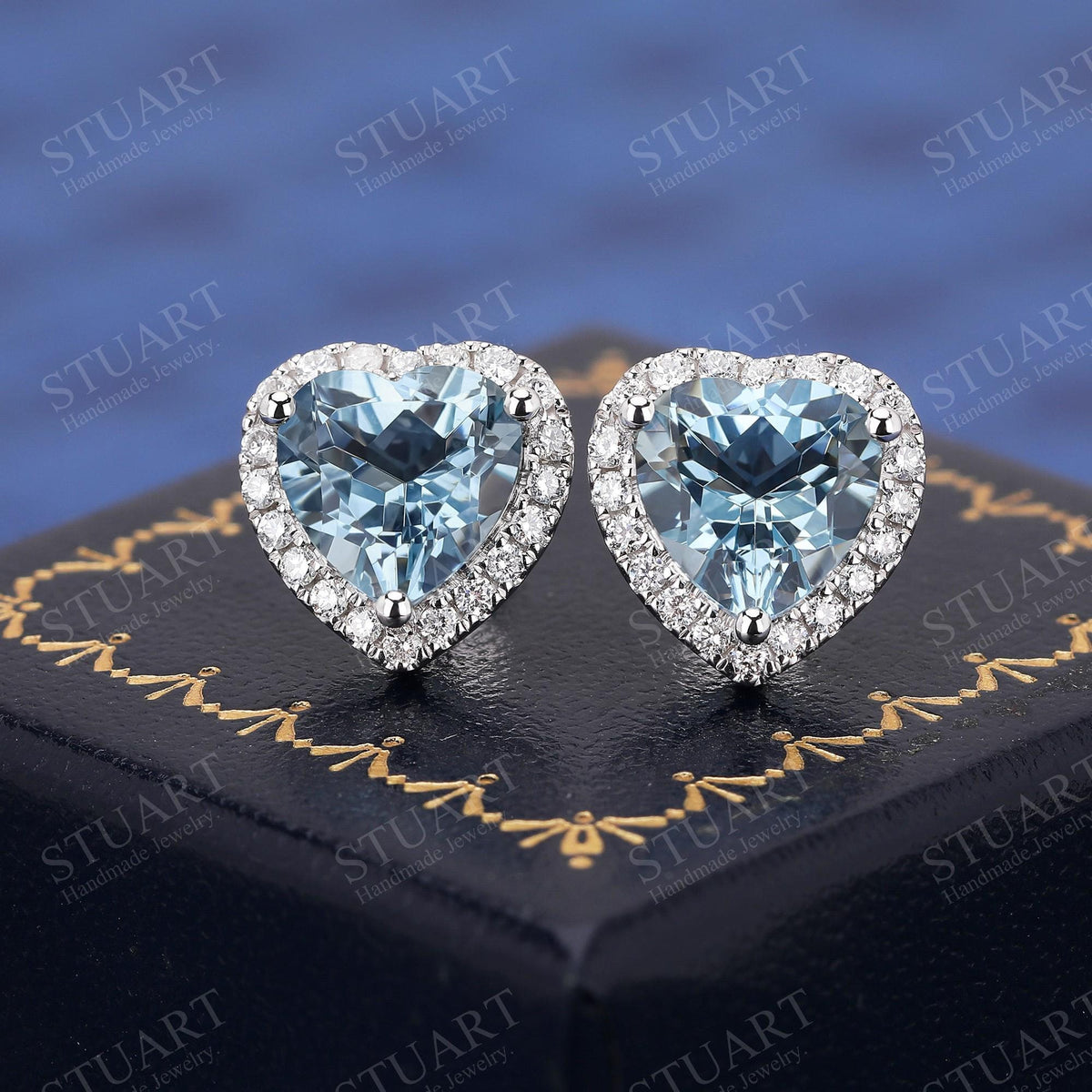 Heart Shaped Natural Aquamarine 18K White Gold Handmade Stud Earrings, Platinum Earrings For Women, March Birthstone, Anniversary Gifts