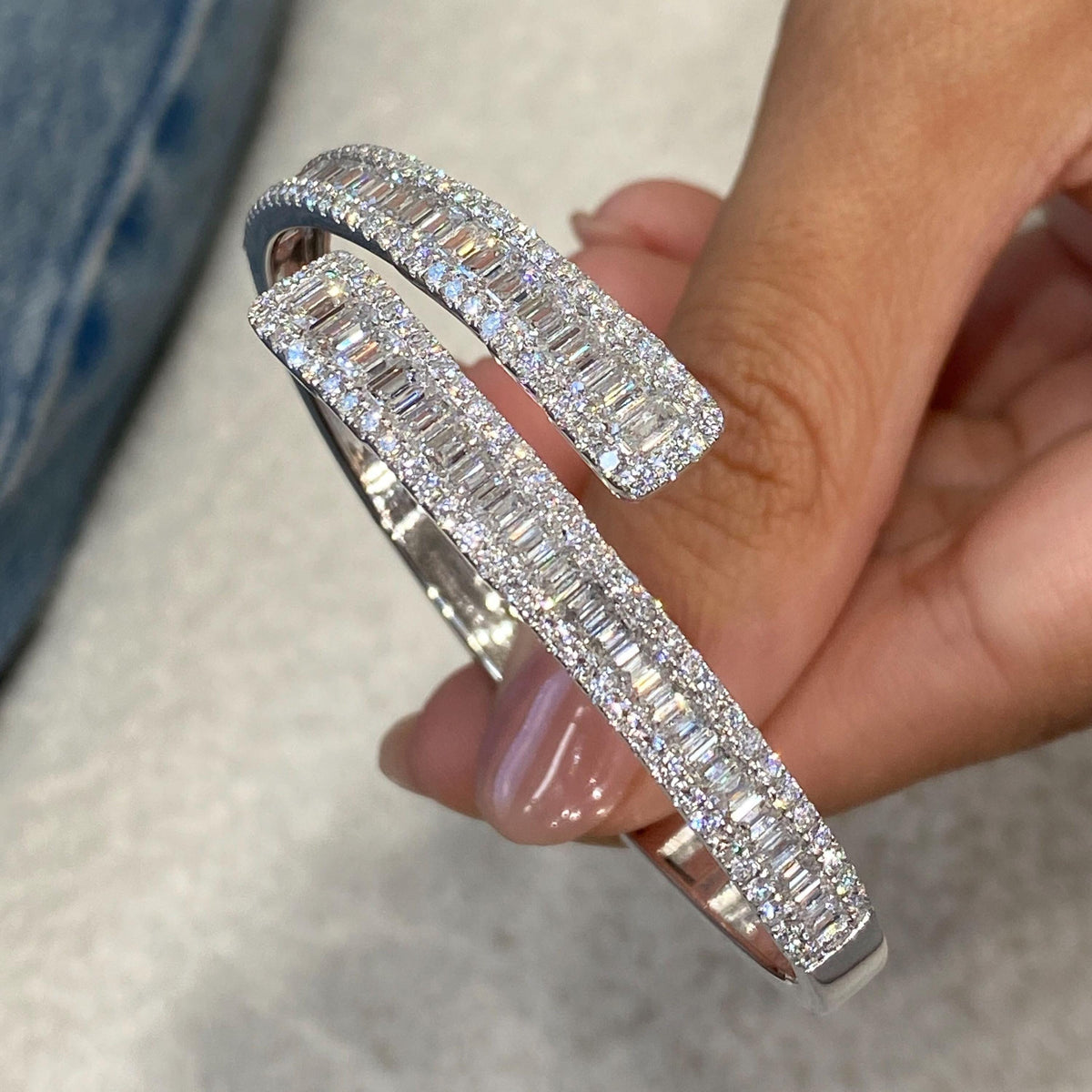 14K White Gold Bracelet, Round;emerald Cut Diamond Bangle Bracelet, 6.7ct E/VVS2 Lab Created Diamond, Eco Friendly Diamond, Birthday Gift