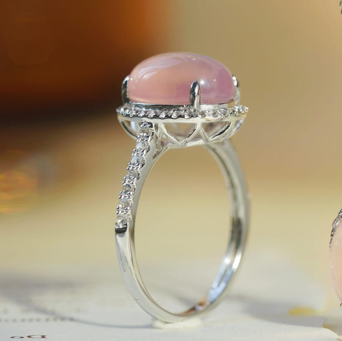 PT850 Platinum Rose Quartz Ring 3.90ct with White Sapphires – Romantic Pink Gemstone Jewelry
