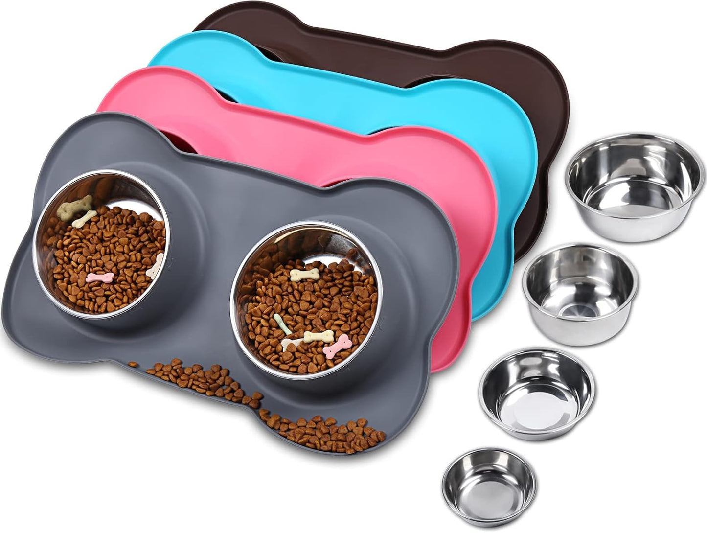 Dog Bowls, Dog Food Bowls, Stainless Steel Cat Puppy Water Bowls with Non Spill Skid Resistant Silicone Mat, Large, Black