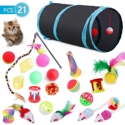 21-Piece Cat Toy Set – Tunnel, Teaser Wand, Balls & Mice for Indoor Play