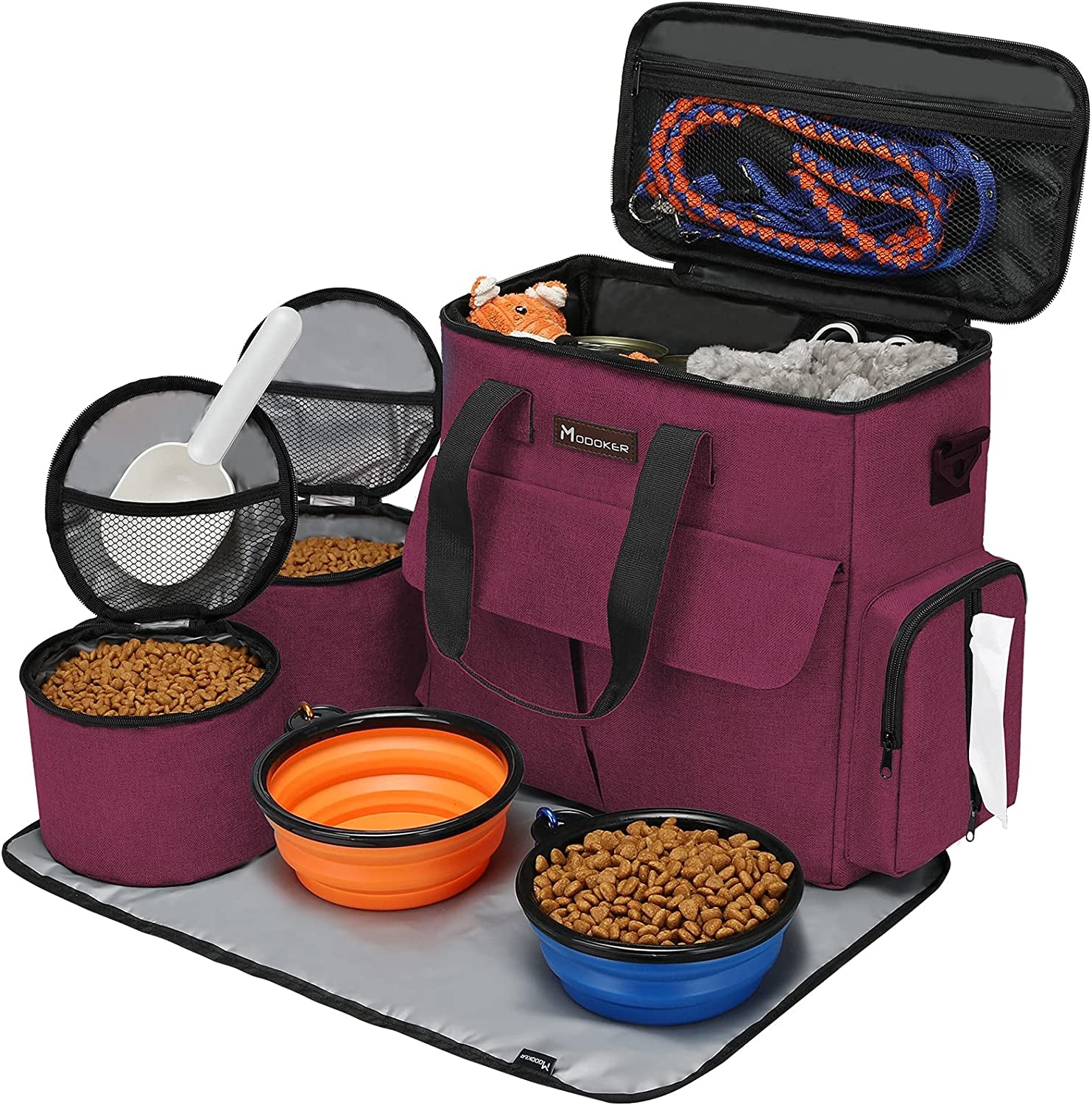 Modoker Dog Travel Bag – Airline Approved Weekend Kit with Food Storage, Bowls & Mat