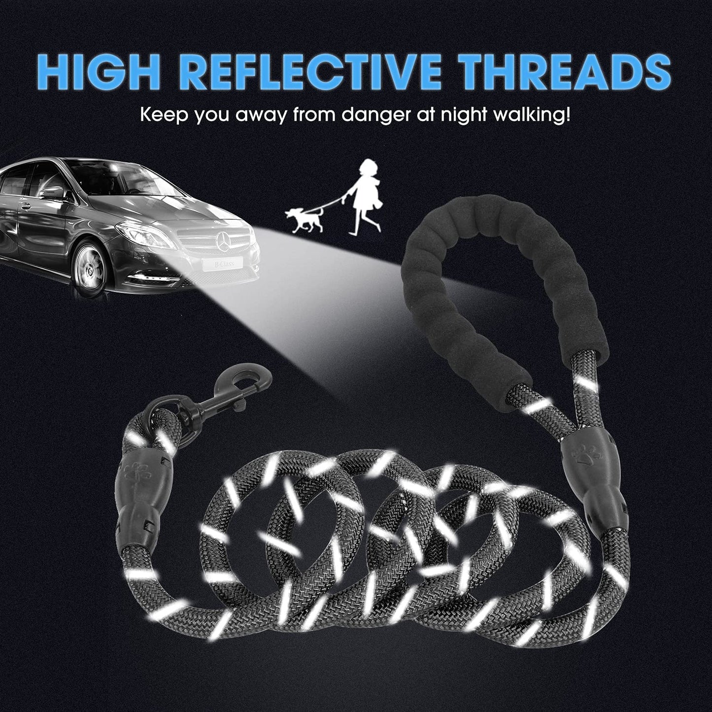 Reflective Dog Leash – 5FT Heavy Duty Rope Lead with Padded Handle | Durable & Safe for Night Walks