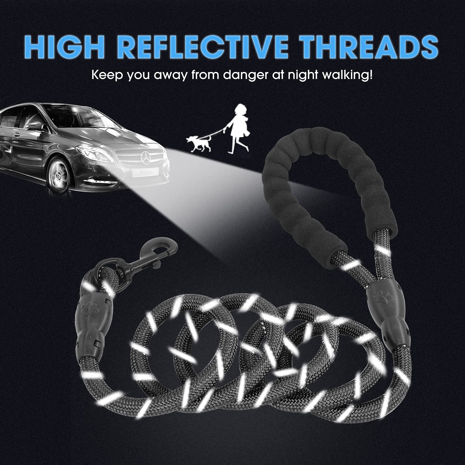 Reflective Dog Leash – 5FT Heavy Duty Rope Lead with Padded Handle | Durable & Safe for Night Walks