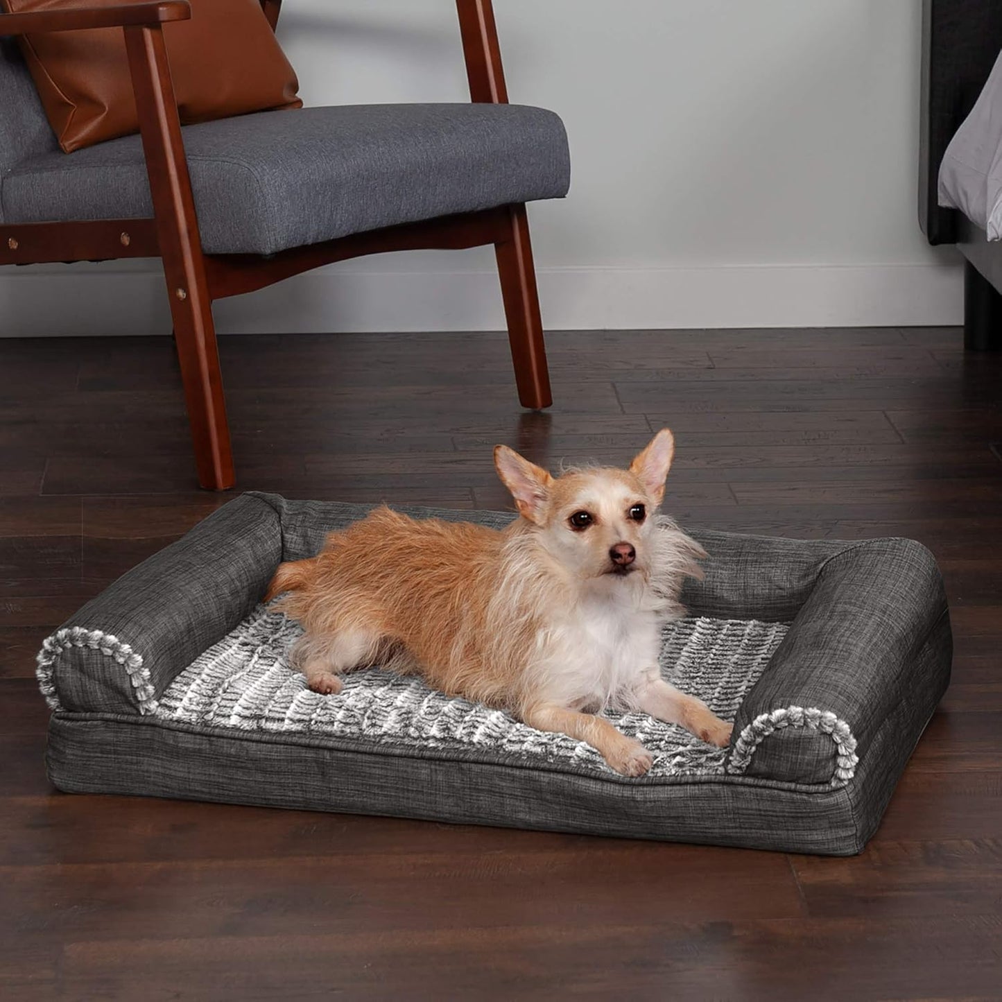 Orthopedic Dog Sofa Bed – Medium Size for Dogs up to 35 lbs, Washable Faux Fur & Linen, Charcoal