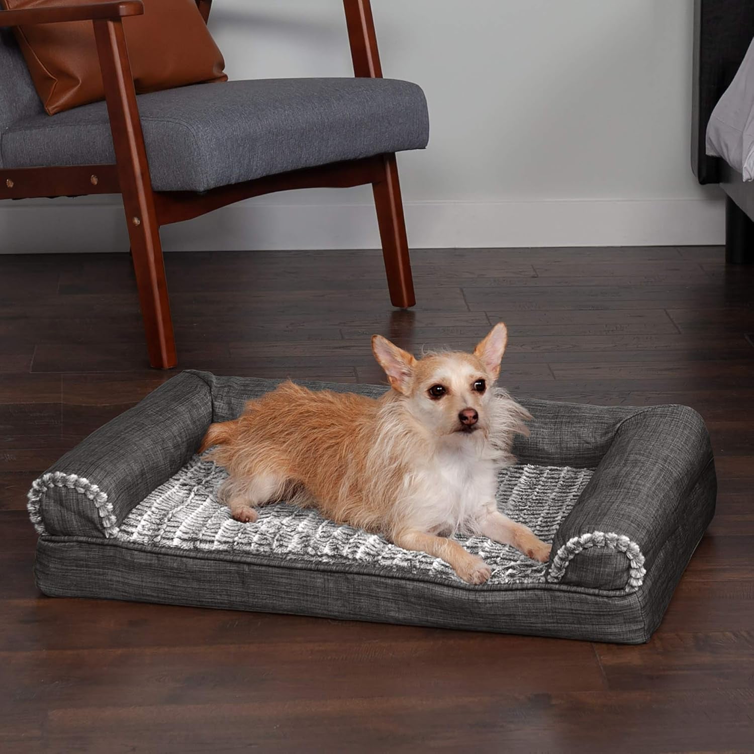 Orthopedic Dog Sofa Bed – Medium Size for Dogs up to 35 lbs, Washable Faux Fur & Linen, Charcoal
