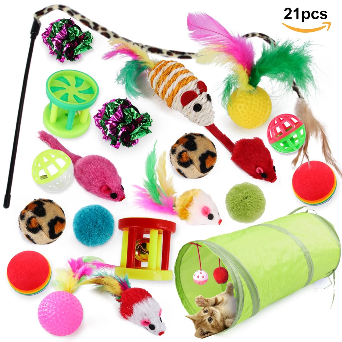 21-Piece Cat Toy Set – Tunnel, Teaser Wand, Balls & Mice for Indoor Play