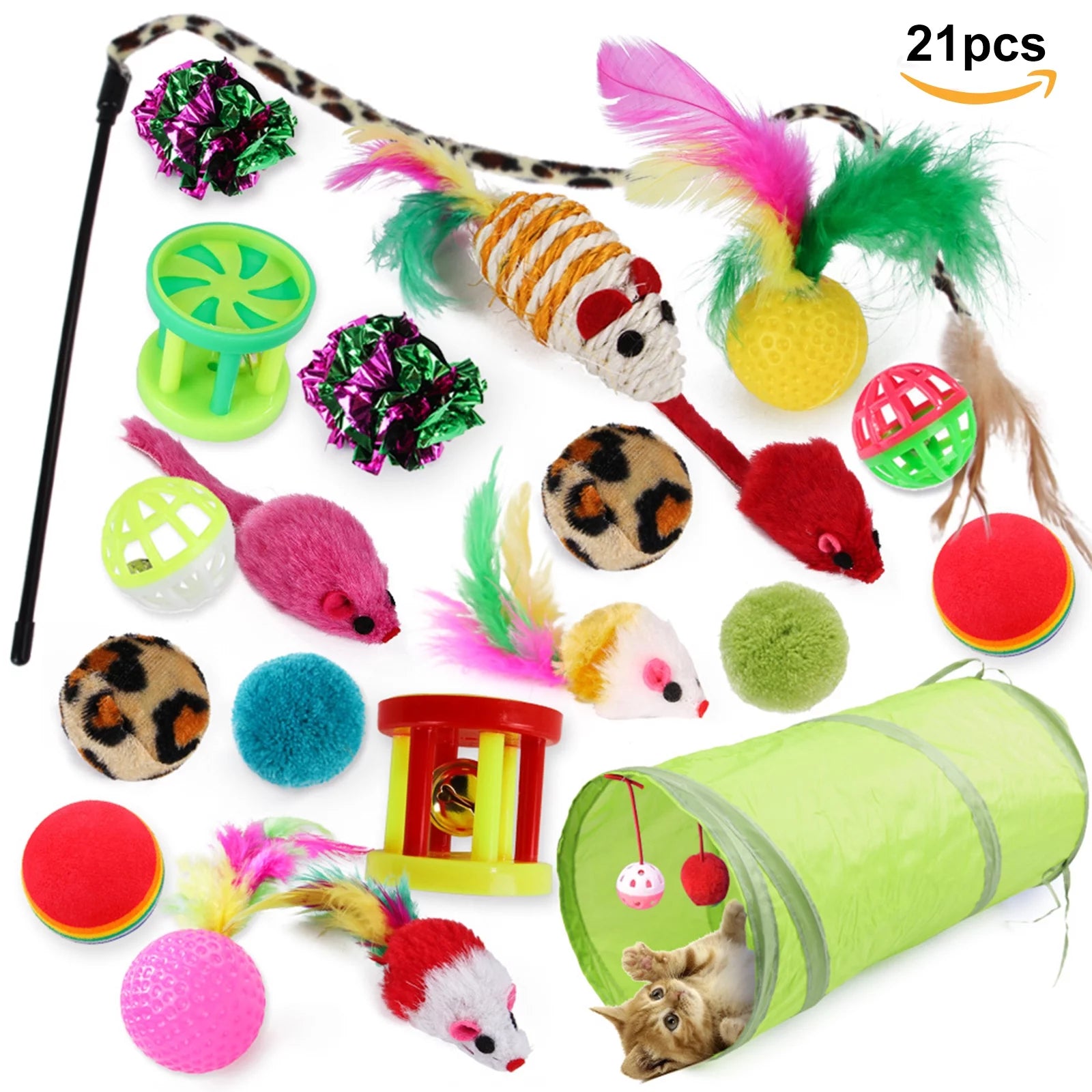 21-Piece Cat Toy Set – Tunnel, Teaser Wand, Balls & Mice for Indoor Play
