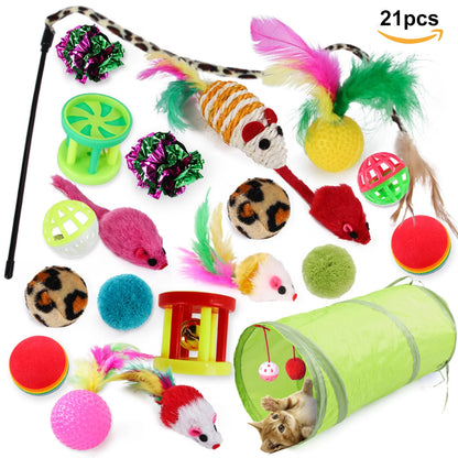 21-Piece Cat Toy Set – Tunnel, Teaser Wand, Balls & Mice for Indoor Play
