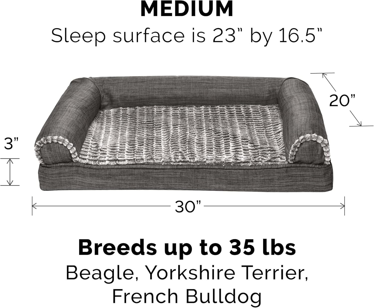 Orthopedic Dog Sofa Bed – Medium Size for Dogs up to 35 lbs, Washable Faux Fur & Linen, Charcoal