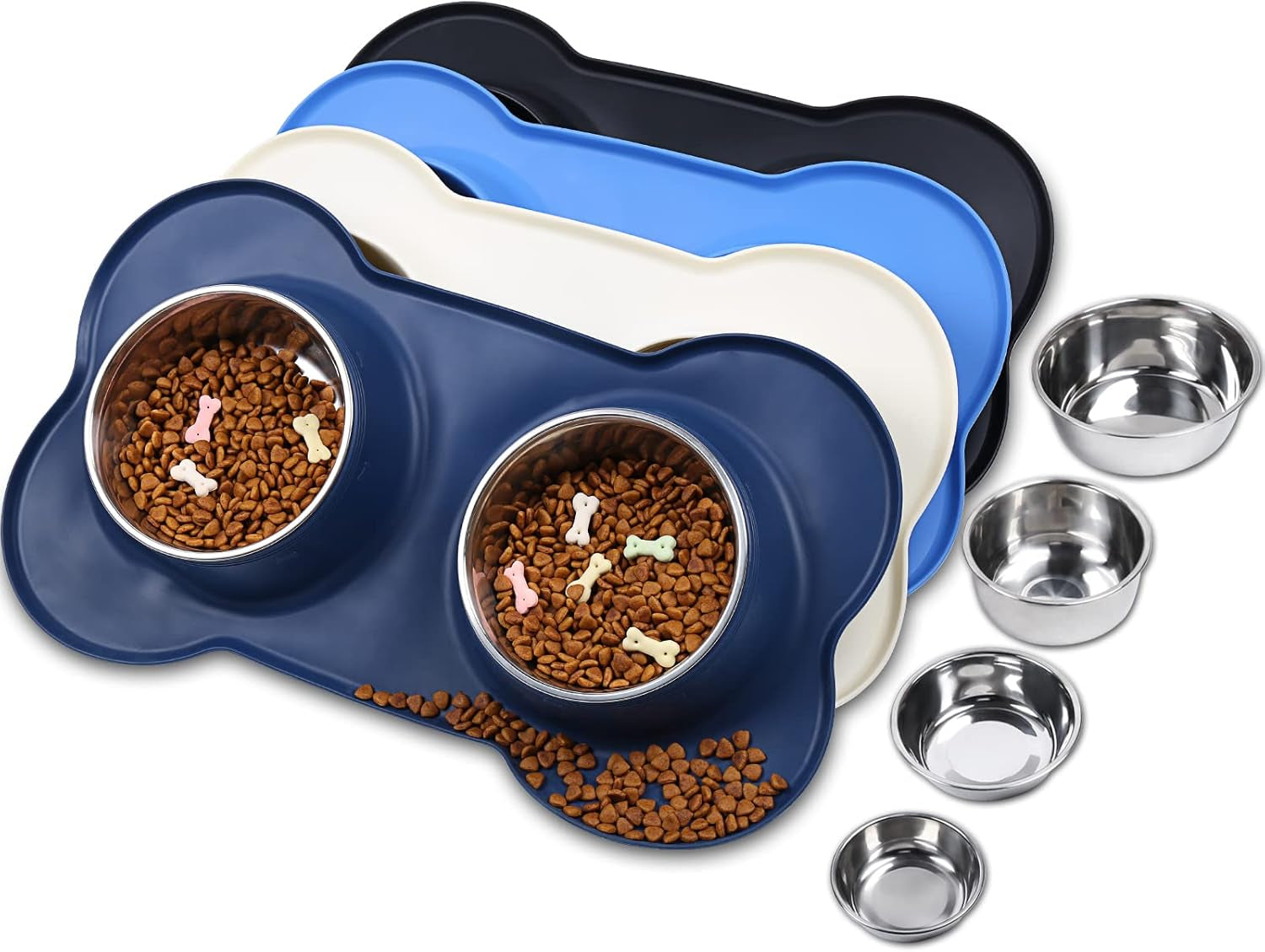 Dog Bowls, Dog Food Bowls, Stainless Steel Cat Puppy Water Bowls with Non Spill Skid Resistant Silicone Mat, Large, Black