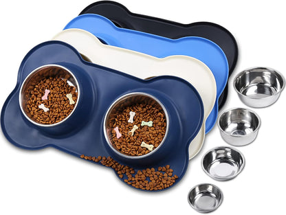 Dog Bowls, Dog Food Bowls, Stainless Steel Cat Puppy Water Bowls with Non Spill Skid Resistant Silicone Mat, Large, Black