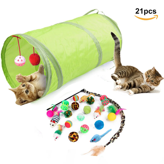 21-Piece Cat Toy Set – Tunnel, Teaser Wand, Balls & Mice for Indoor Play