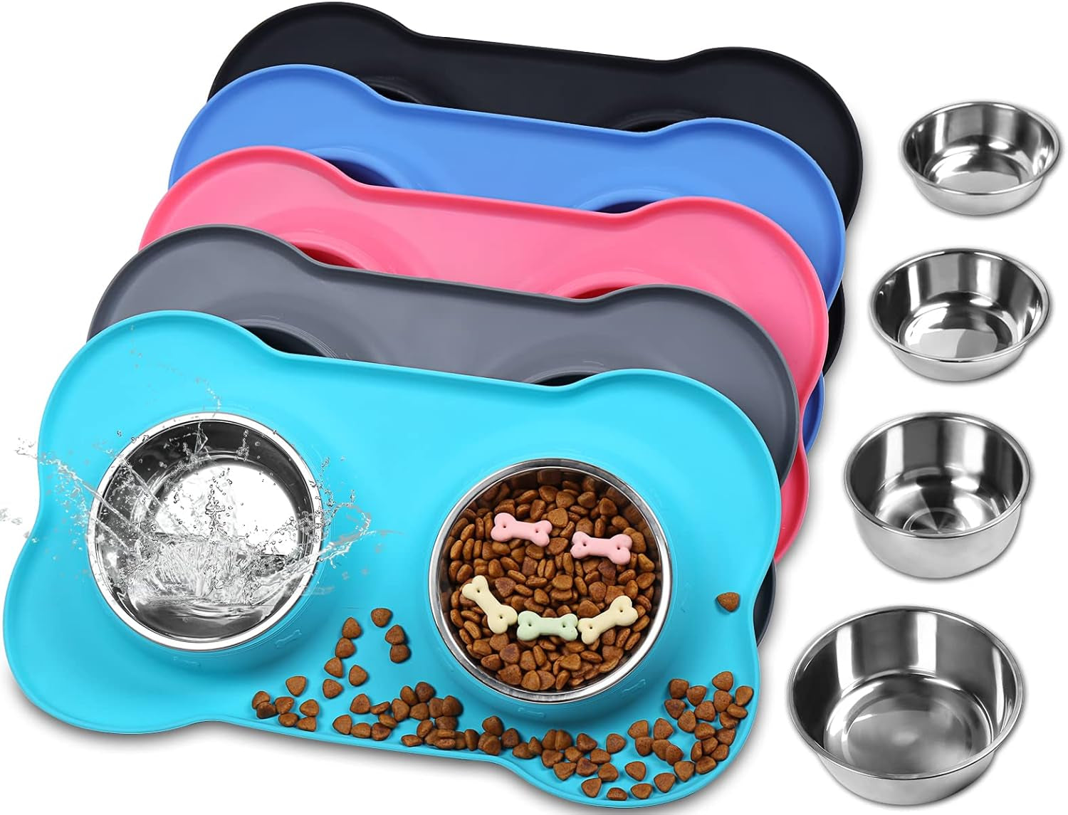 Dog Bowls, Dog Food Bowls, Stainless Steel Cat Puppy Water Bowls with Non Spill Skid Resistant Silicone Mat, Large, Black