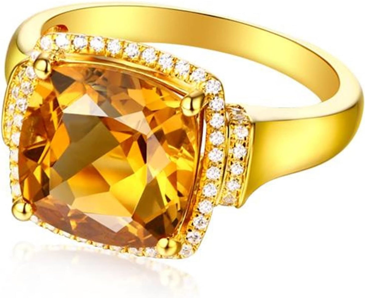 Finger Ring 18K, Wedding Rings Vintage VVS1 Citrine 3.8ct Cushion Cut Ring With White Diamond Rings Jewelry Engagement Gift Size Q 1/2