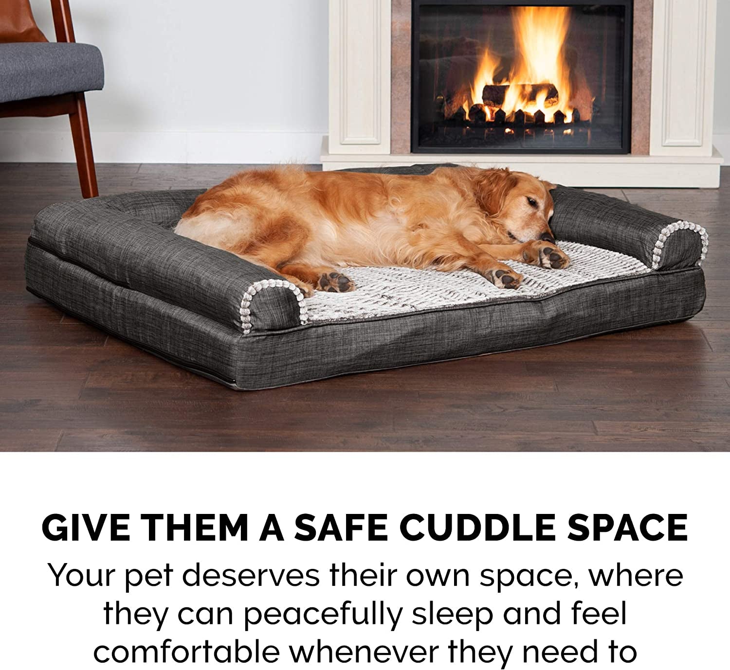 Orthopedic Dog Sofa Bed – Medium Size for Dogs up to 35 lbs, Washable Faux Fur & Linen, Charcoal