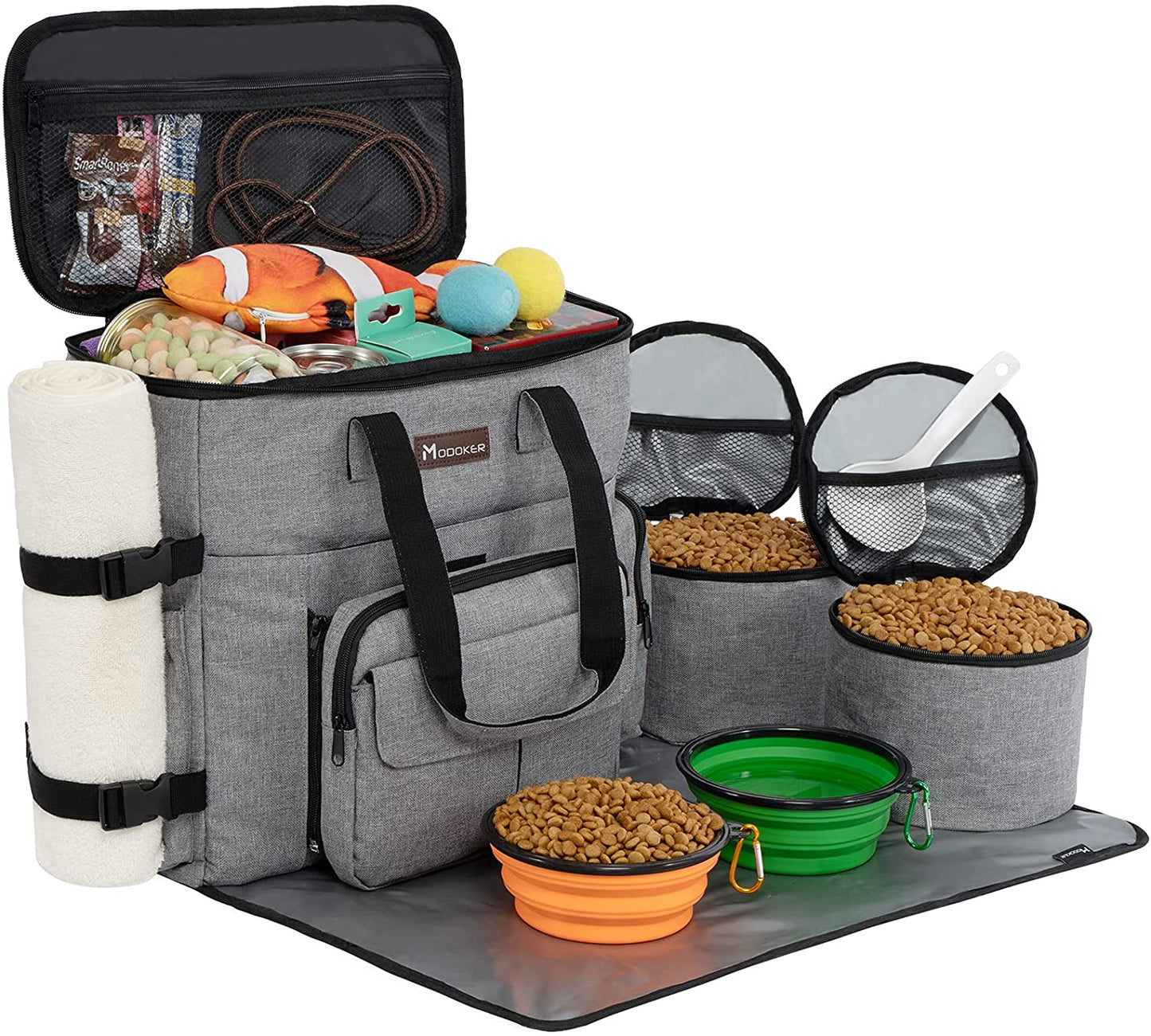 Modoker Dog Travel Bag – Airline Approved Weekend Kit with Food Storage, Bowls & Mat