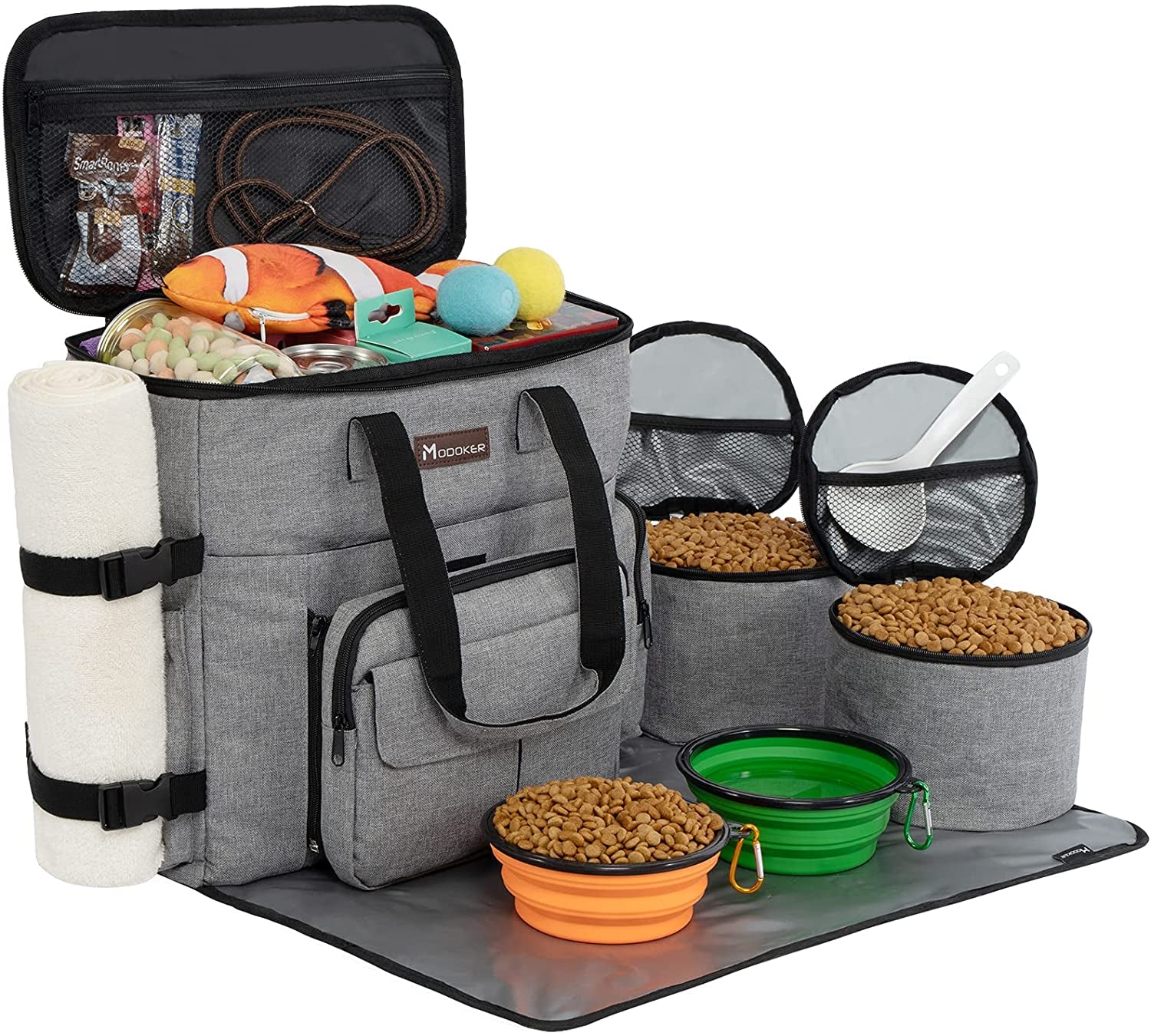 Modoker Dog Travel Bag – Airline Approved Weekend Kit with Food Storage, Bowls & Mat