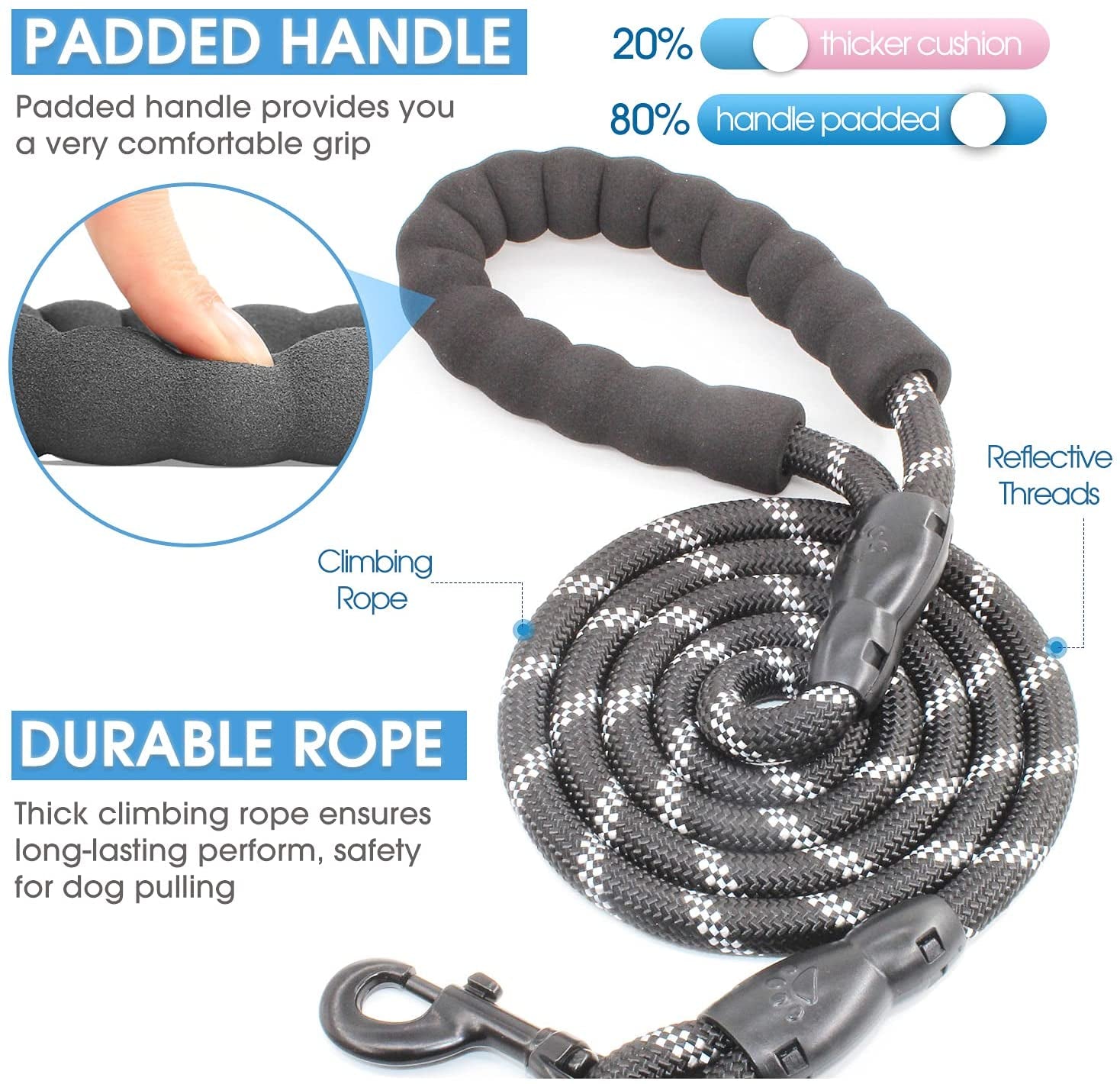 Reflective Dog Leash – 5FT Heavy Duty Rope Lead with Padded Handle | Durable & Safe for Night Walks