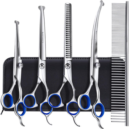 6-in-1 Dog Grooming Scissors Set – Titanium-Coated Stainless Steel with Safety Tips | Professional Grooming Kit for Dogs & Cats