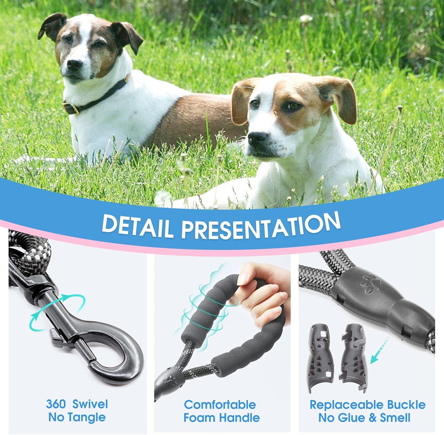 Reflective Dog Leash – 5FT Heavy Duty Rope Lead with Padded Handle | Durable & Safe for Night Walks