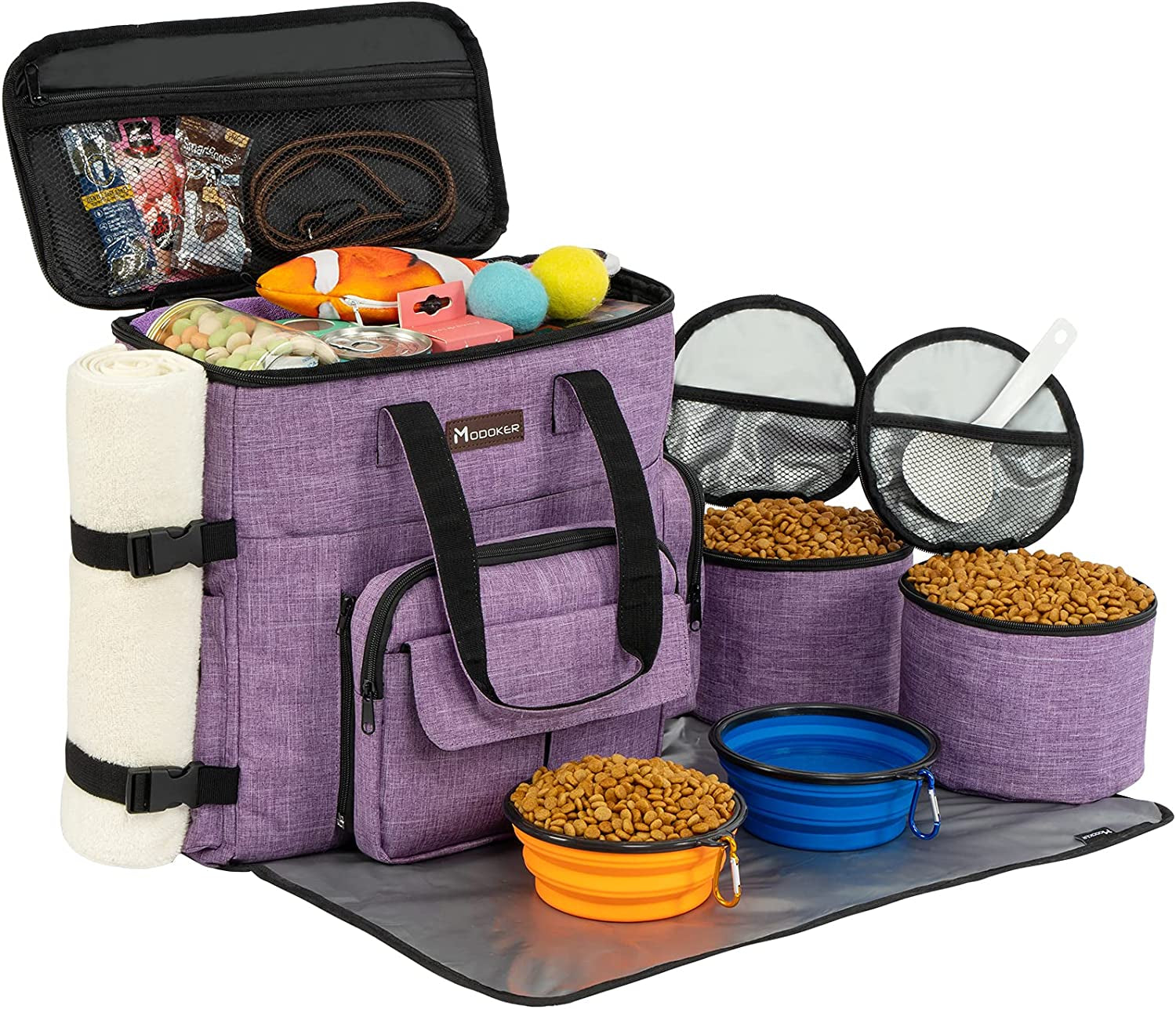 Modoker Dog Travel Bag – Airline Approved Weekend Kit with Food Storage, Bowls & Mat