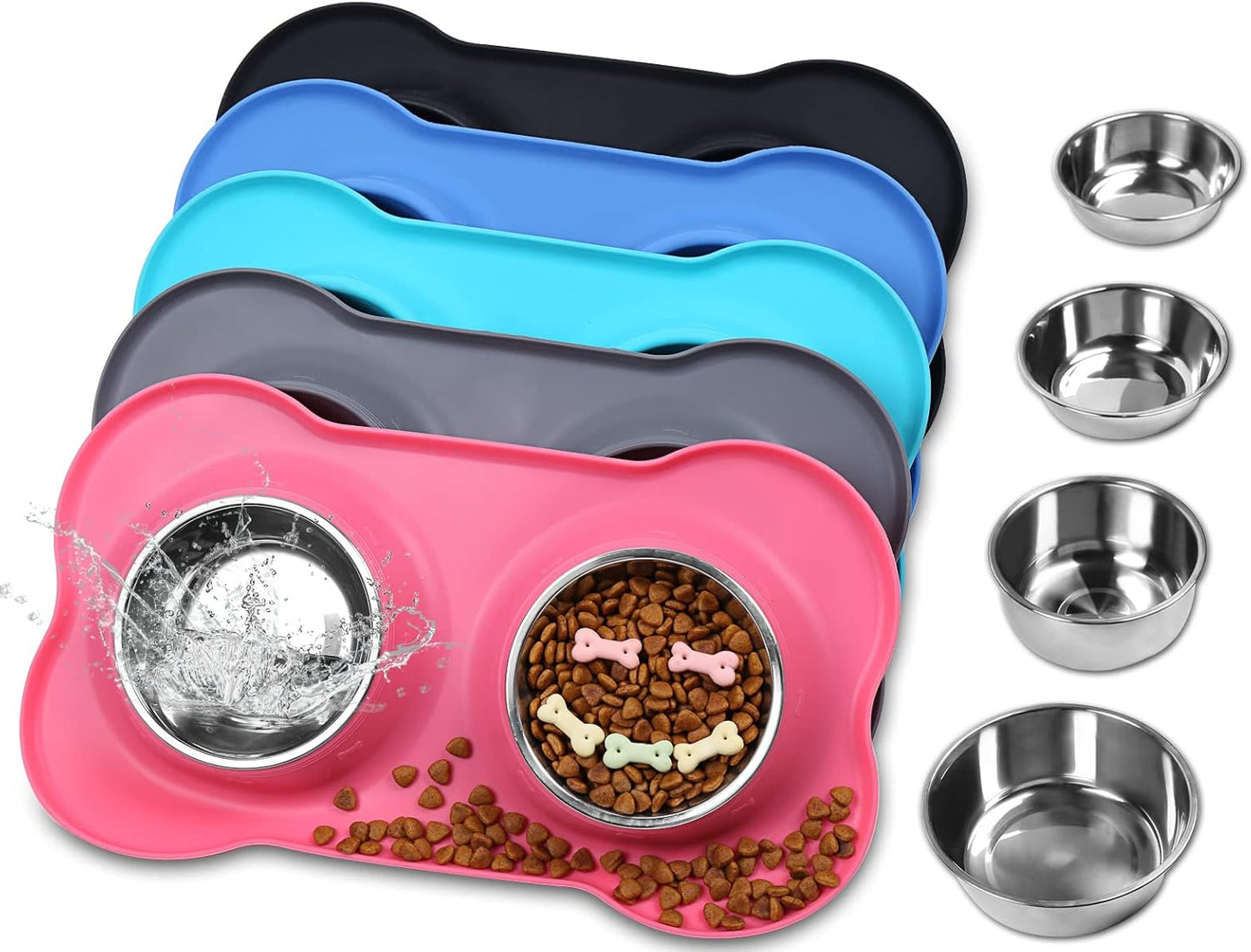 Dog Bowls, Dog Food Bowls, Stainless Steel Cat Puppy Water Bowls with Non Spill Skid Resistant Silicone Mat, Large, Black