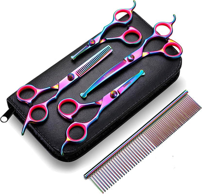 6-in-1 Dog Grooming Scissors Set – Titanium-Coated Stainless Steel with Safety Tips | Professional Grooming Kit for Dogs & Cats