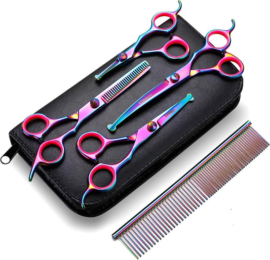 6-in-1 Dog Grooming Scissors Set – Titanium-Coated Stainless Steel with Safety Tips | Professional Grooming Kit for Dogs & Cats