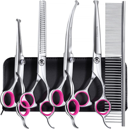 6-in-1 Dog Grooming Scissors Set – Titanium-Coated Stainless Steel with Safety Tips | Professional Grooming Kit for Dogs & Cats