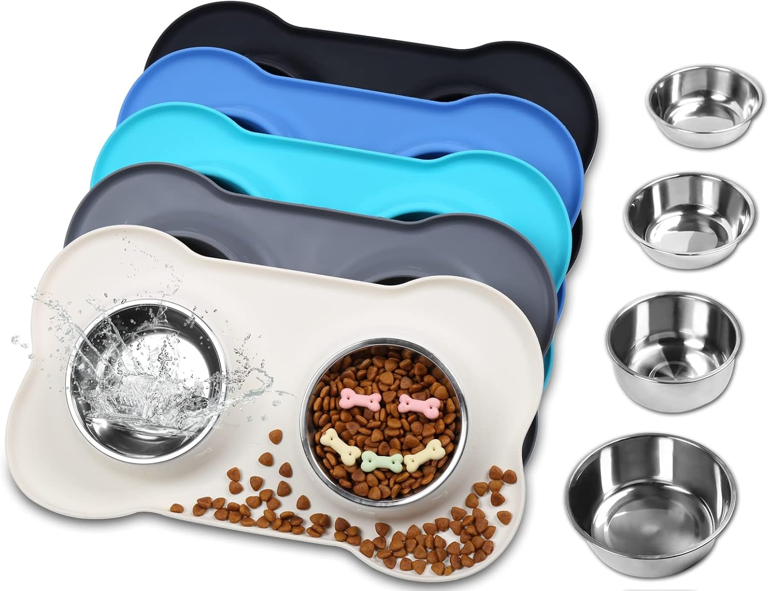 Dog Bowls, Dog Food Bowls, Stainless Steel Cat Puppy Water Bowls with Non Spill Skid Resistant Silicone Mat, Large, Black