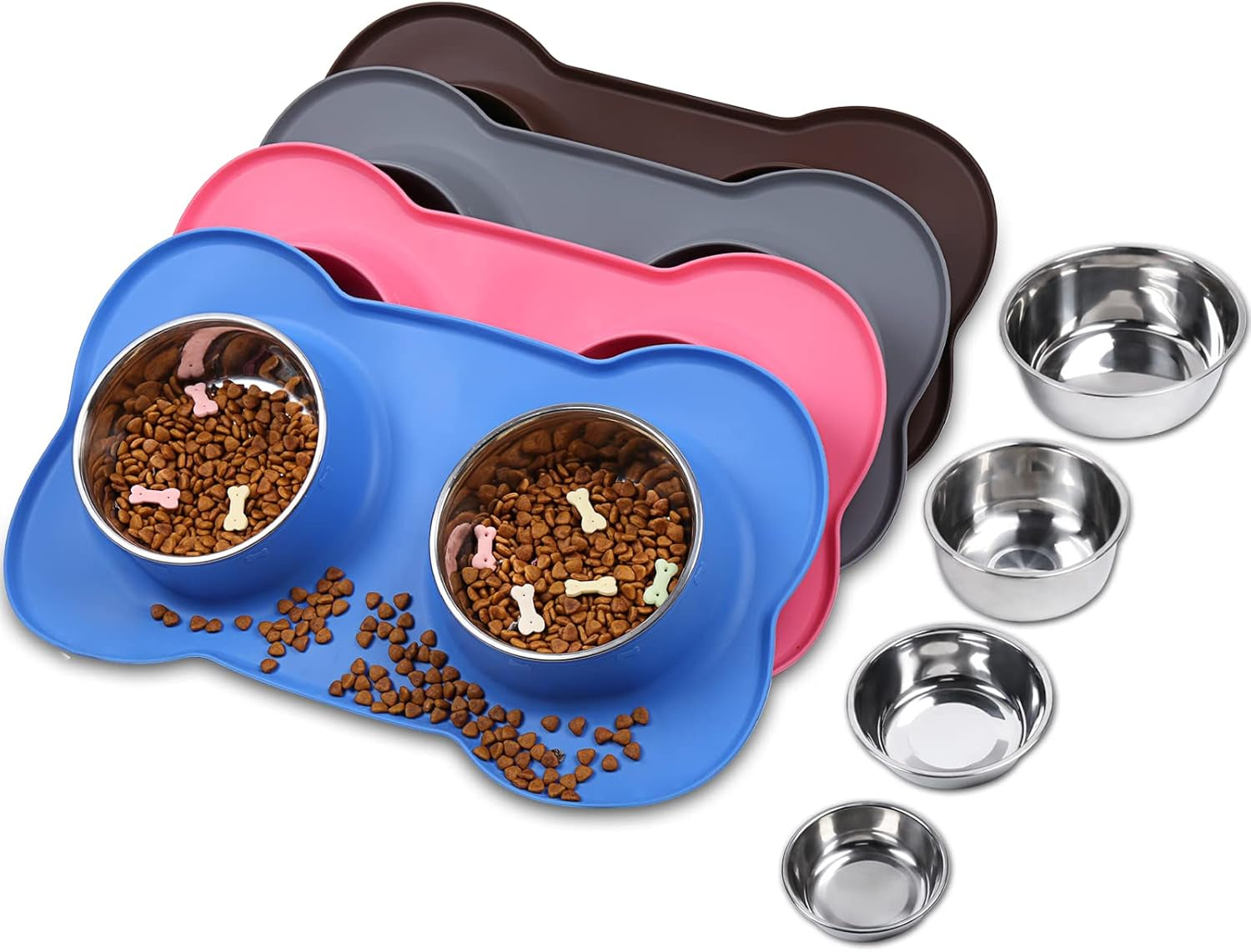 Dog Bowls, Dog Food Bowls, Stainless Steel Cat Puppy Water Bowls with Non Spill Skid Resistant Silicone Mat, Large, Black
