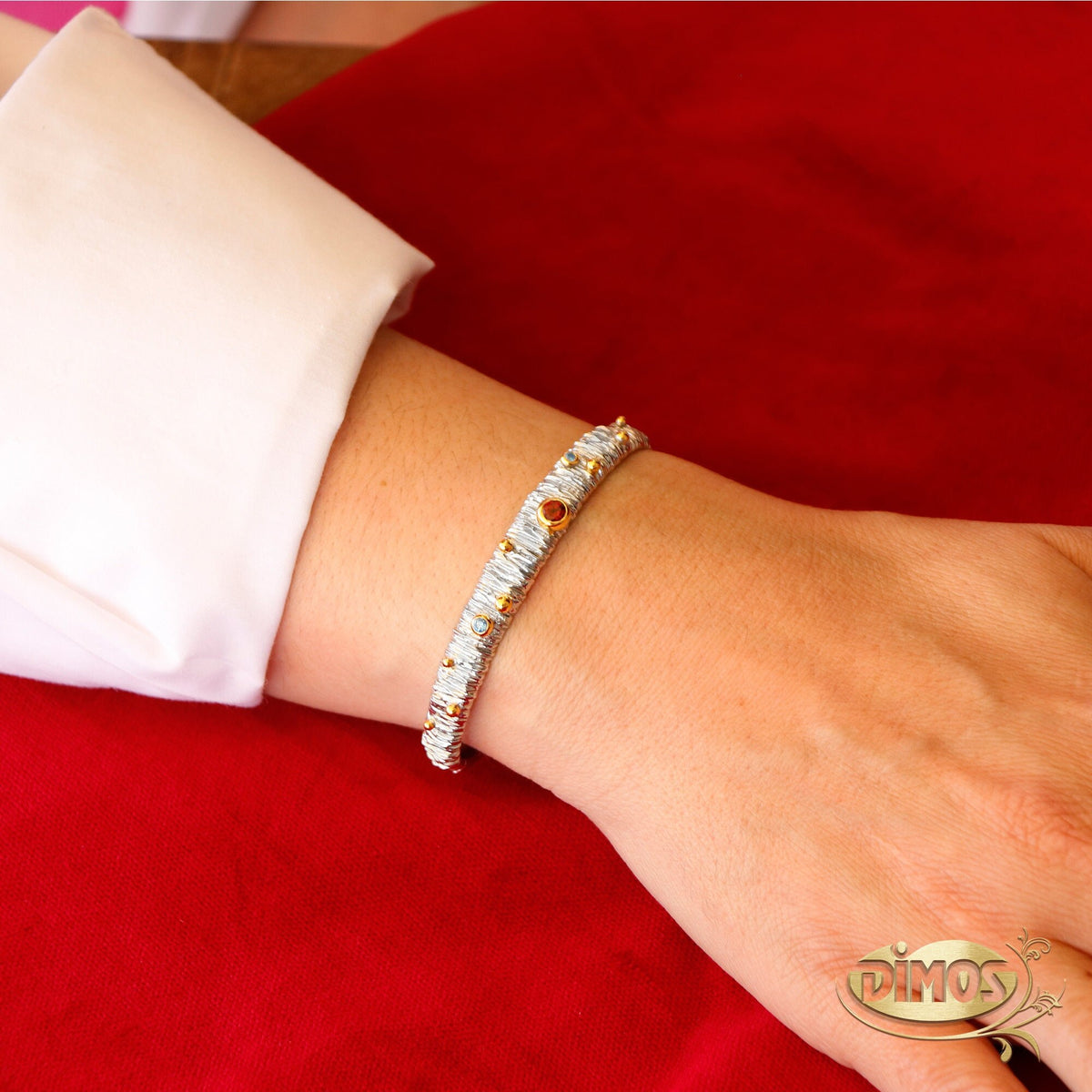Silver Graduated Cuff with Garnet and Blue Topaz . Natural Gemstone Jewelry