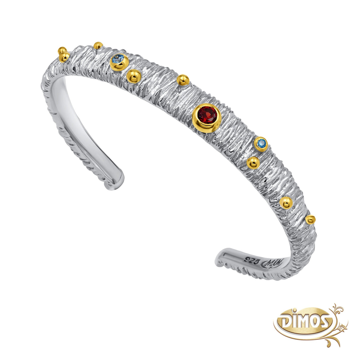 Silver Graduated Cuff with Garnet and Blue Topaz . Natural Gemstone Jewelry