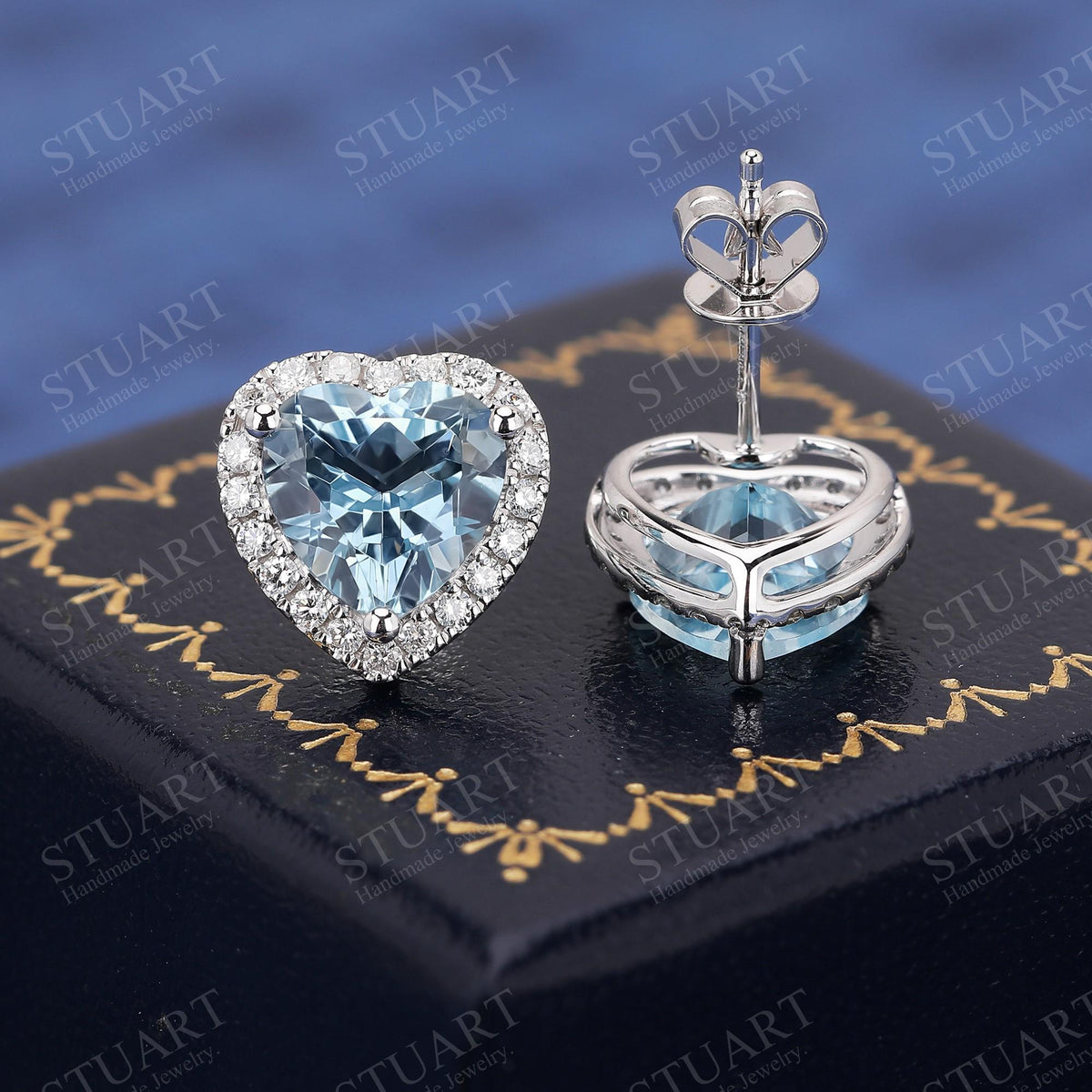 Heart Shaped Natural Aquamarine 18K White Gold Handmade Stud Earrings, Platinum Earrings For Women, March Birthstone, Anniversary Gifts