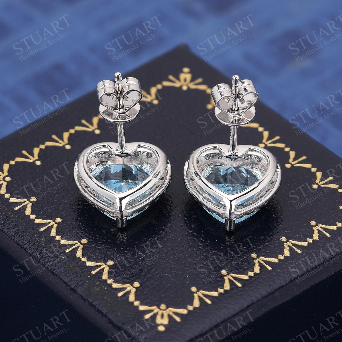 Heart Shaped Natural Aquamarine 18K White Gold Handmade Stud Earrings, Platinum Earrings For Women, March Birthstone, Anniversary Gifts