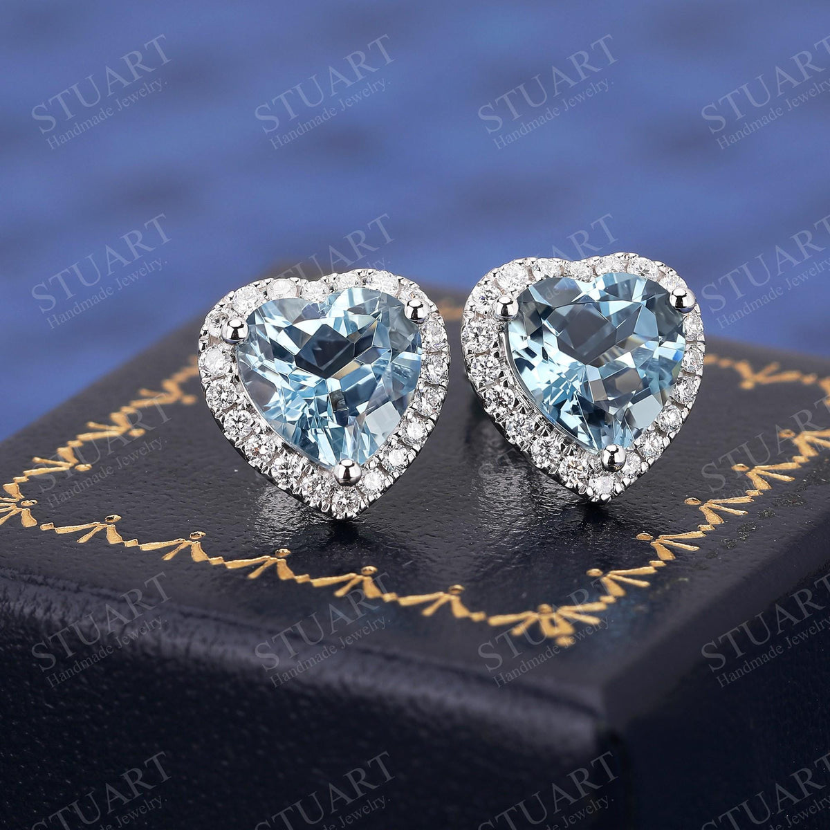 Heart Shaped Natural Aquamarine 18K White Gold Handmade Stud Earrings, Platinum Earrings For Women, March Birthstone, Anniversary Gifts