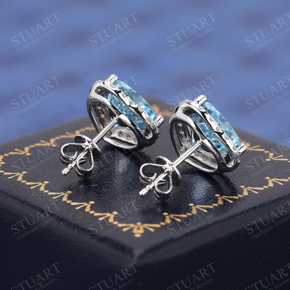 Heart Shaped Natural Aquamarine 18K White Gold Handmade Stud Earrings, Platinum Earrings For Women, March Birthstone, Anniversary Gifts