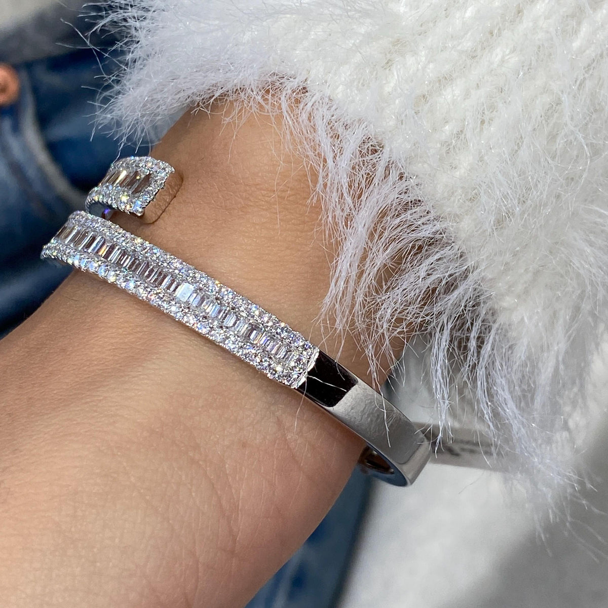 14K White Gold Bracelet, Round;emerald Cut Diamond Bangle Bracelet, 6.7ct E/VVS2 Lab Created Diamond, Eco Friendly Diamond, Birthday Gift