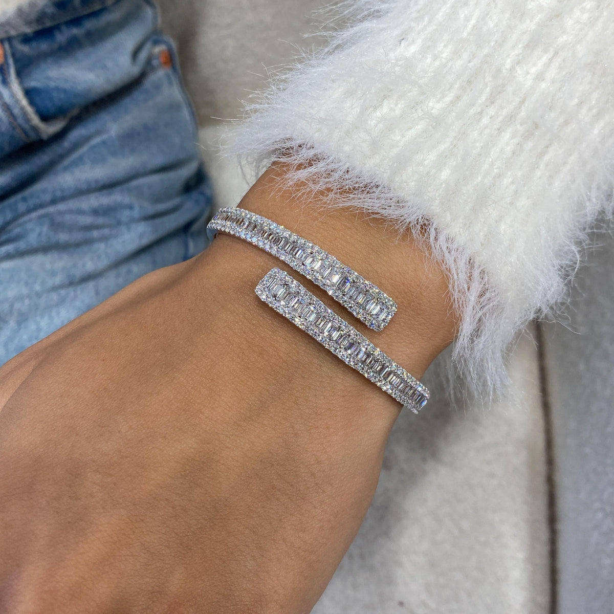 14K White Gold Bracelet, Round;emerald Cut Diamond Bangle Bracelet, 6.7ct E/VVS2 Lab Created Diamond, Eco Friendly Diamond, Birthday Gift