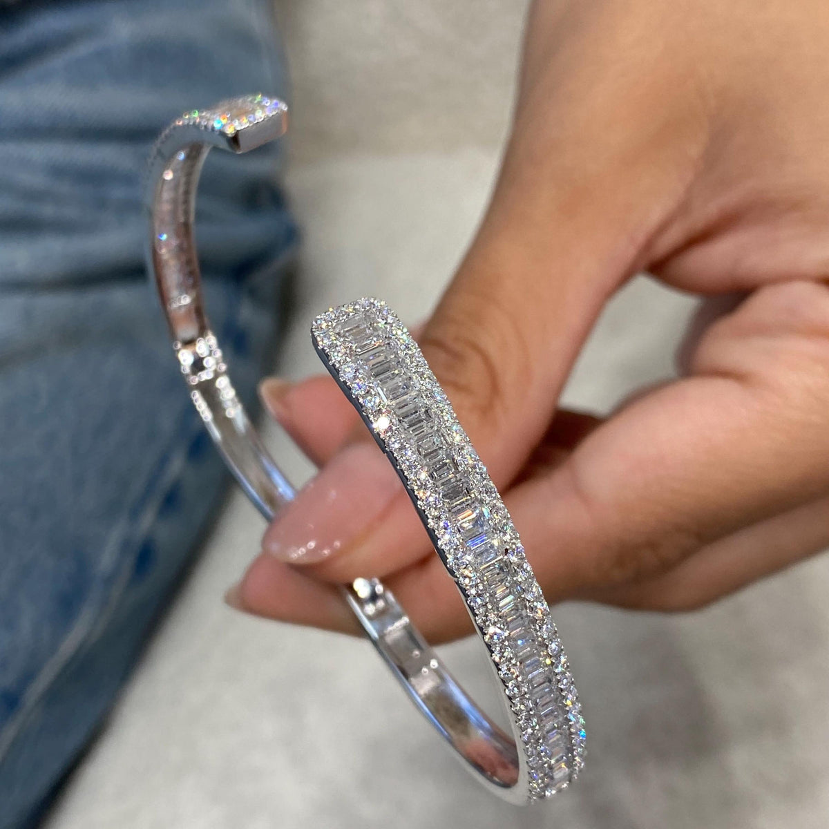 14K White Gold Bracelet, Round;emerald Cut Diamond Bangle Bracelet, 6.7ct E/VVS2 Lab Created Diamond, Eco Friendly Diamond, Birthday Gift