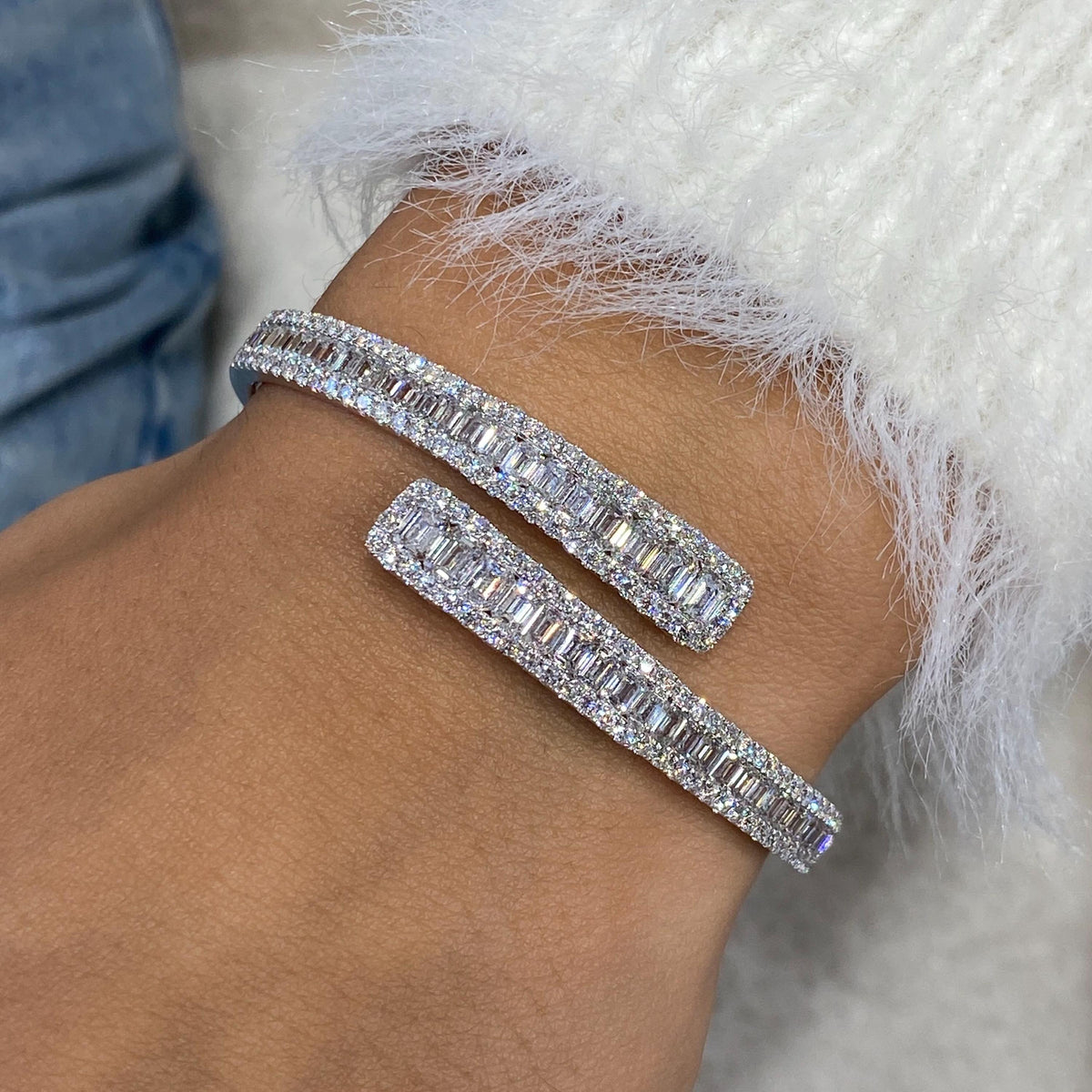 14K White Gold Bracelet, Round;emerald Cut Diamond Bangle Bracelet, 6.7ct E/VVS2 Lab Created Diamond, Eco Friendly Diamond, Birthday Gift